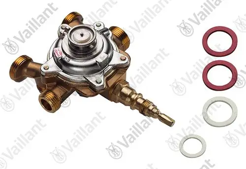Wasserschalter von Vaillant mit mehreren Anschlüssen und O-Ringen in verschiedenen Farben. Das Gerät hat eine zentrale Reglereinheit für die Wasserversorgung.